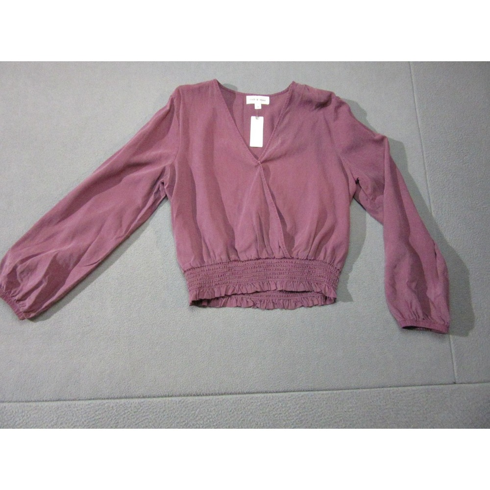 Cloth & Stone Blouse Womens Medium Purple Cropped V-Neck Long Sleeve Ruffle Hem